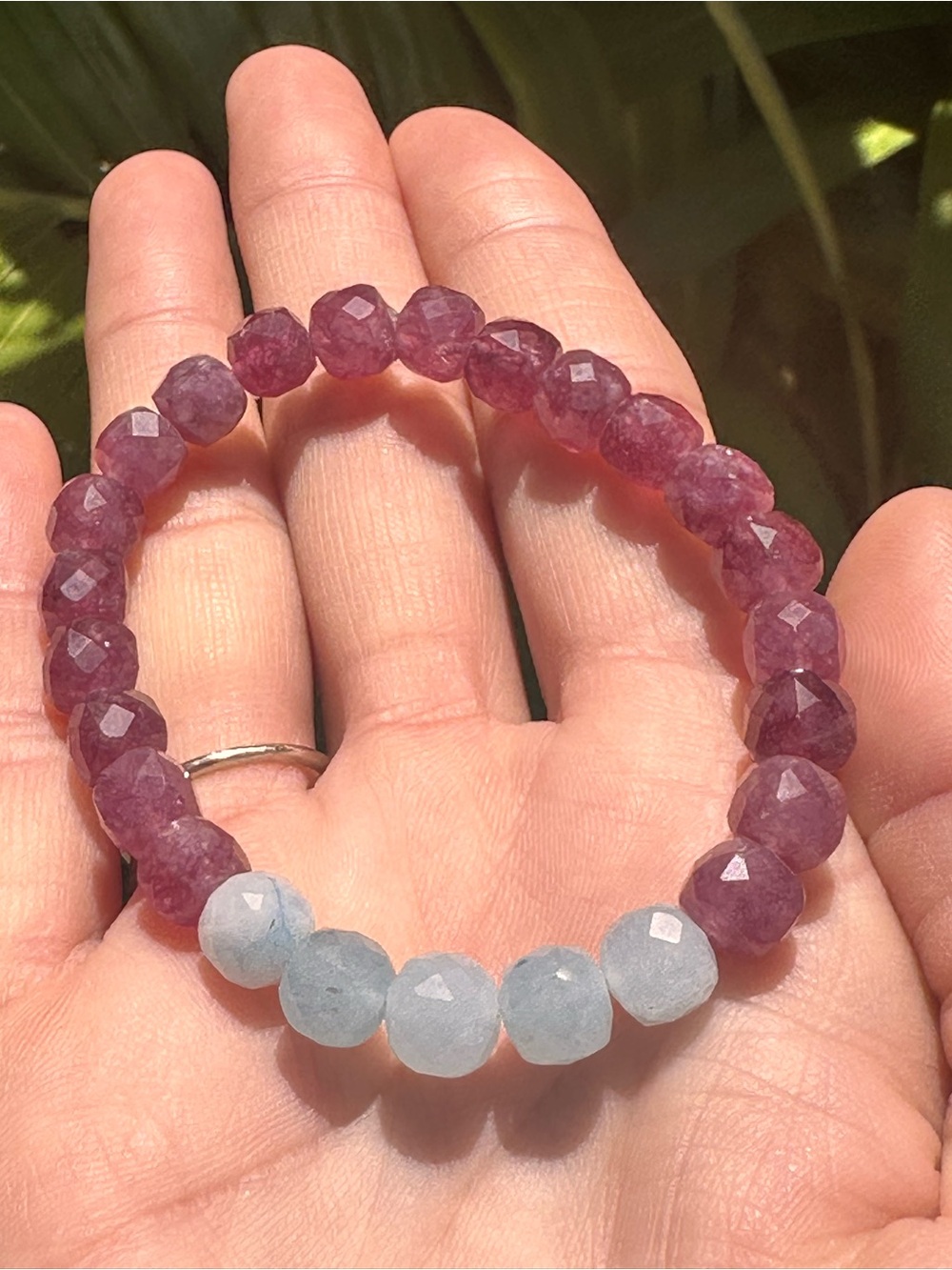 Square Faceted Lepidolite Aquamarine 8mm Beaded 7" Handmade in Maui Bracelet